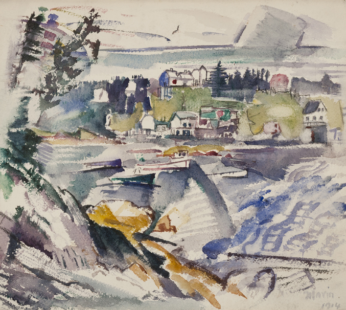 Watercolor landscape with trees, houses, and water