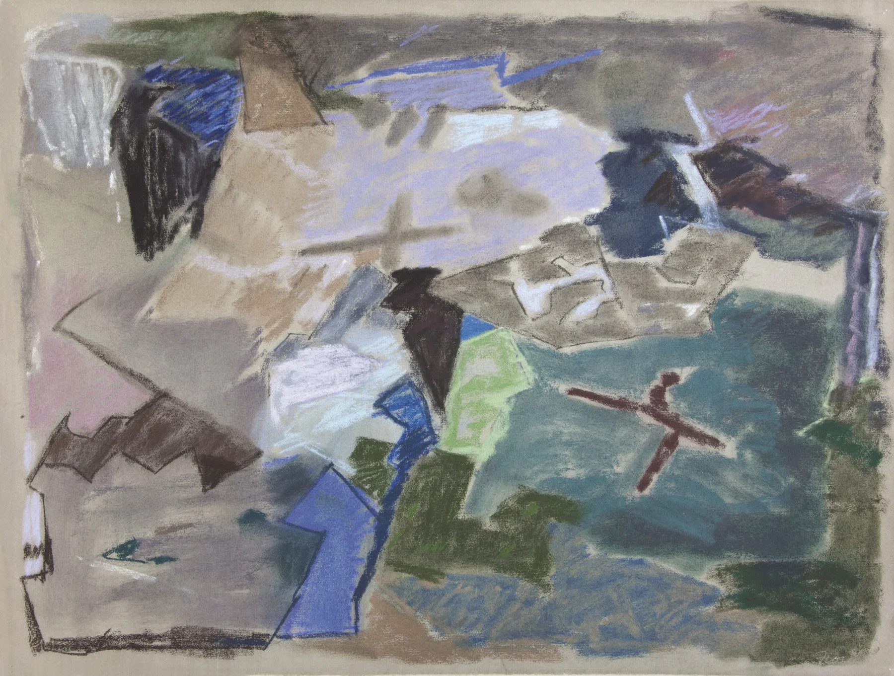 Abstract pastel work with floating shapes in blue, black, green, brown, purple