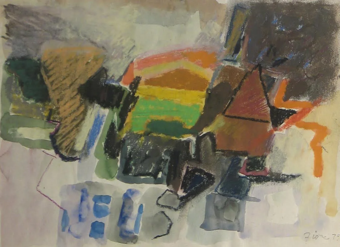 Abstract pastel work with floating shapes in muted tones, with yellow, green, and orange elements