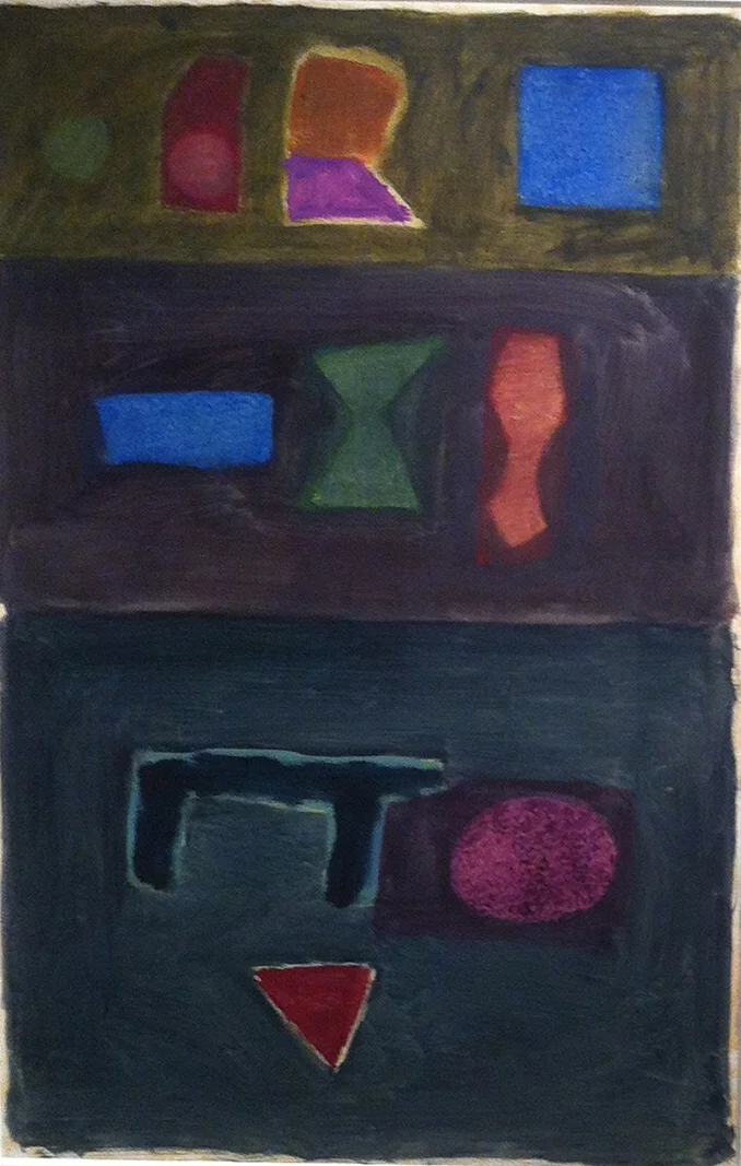 Abstract floating shapes with dark background and lighter objects (blue, red, purple, green)