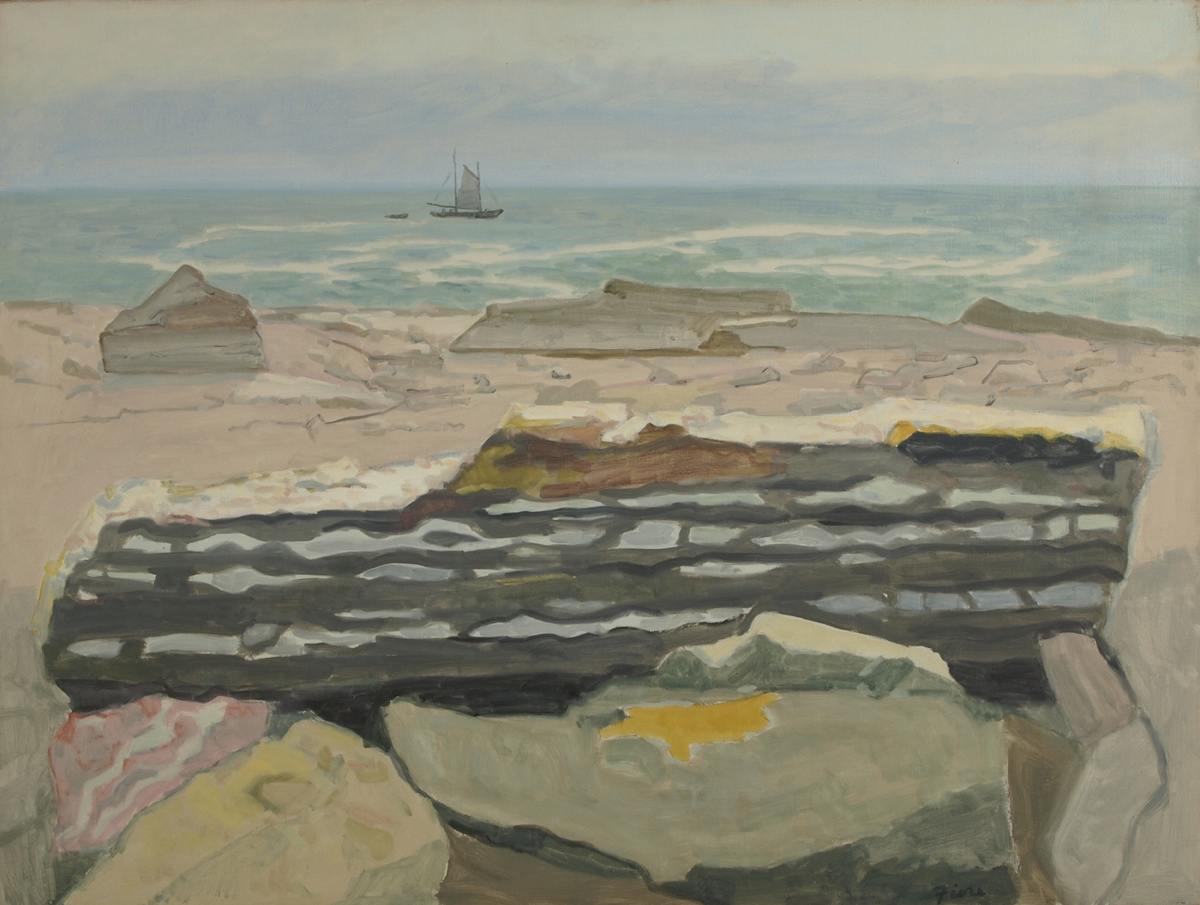Seascape with rocks and a sailboat in background
