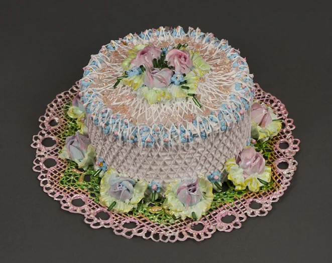 Acrylic pink cake with pink roses on top