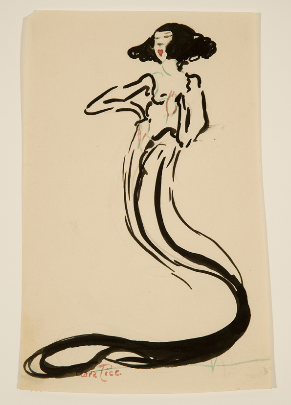 Ink drawing of woman with mermaid-like tail