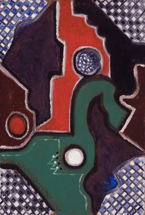 Abstract painting with green and red shapes