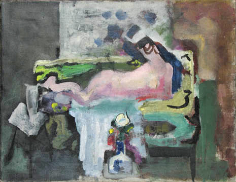 Abstract nude on sofa with vase of flowers