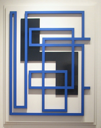 Sculpture with blue and black wood