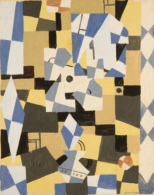 Abstract shapes in blue, beige, black