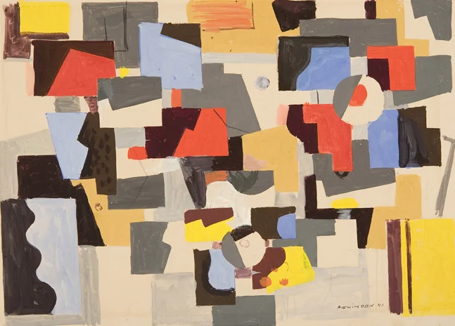Abstract shapes in red, blue, grey, yellow, black