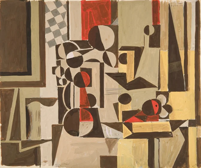 Abstract shapes in muted tones (brown, beige, black)