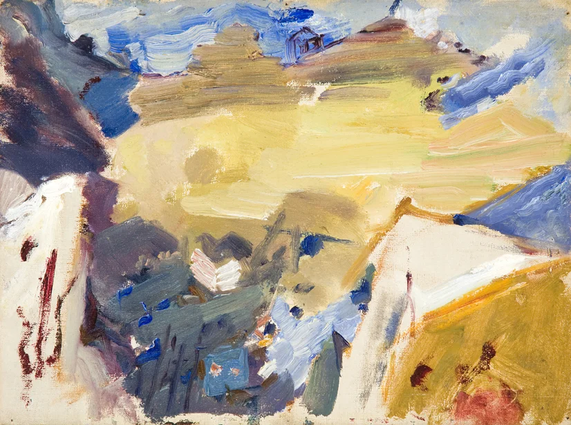 Abstract painting with yellow, blue, purple
