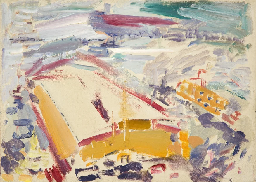 Abstract painting of yellow structure with brushstroke background