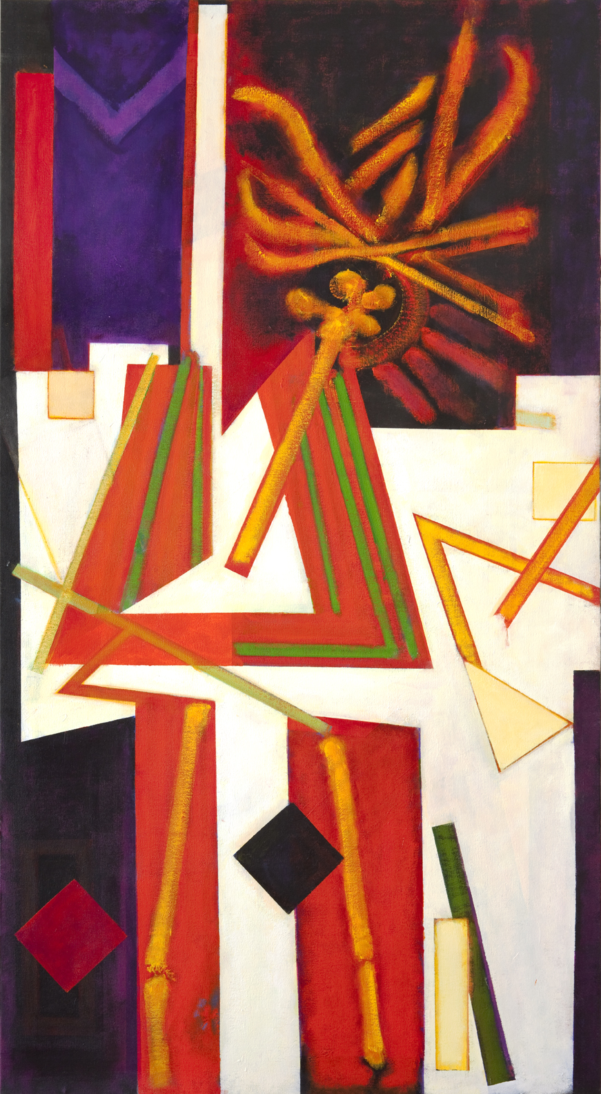 Abstract image with red, green, purple, orange, yellow, and white shapes