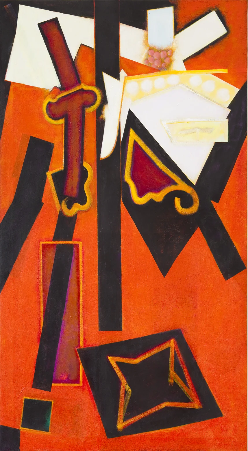 Abstract image with red, orange, yellow, and black shapes on red background