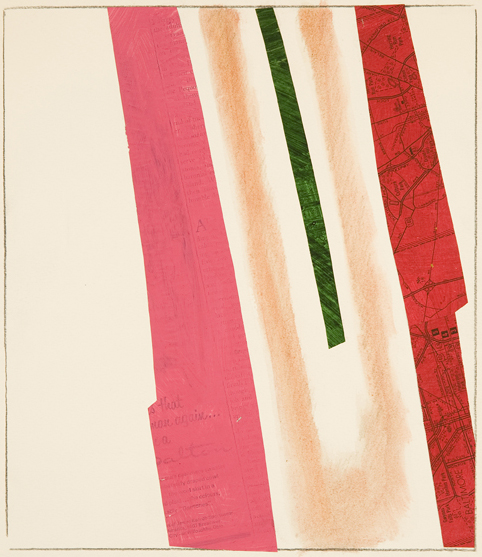 Abstract vertical shapes (pink, beige, green, red)