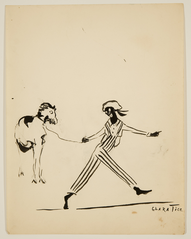 Drawing of man walking with a goat 