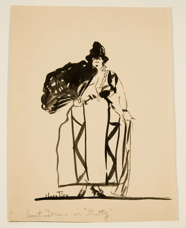 Drawing of woman in a large dress holding a big fan
