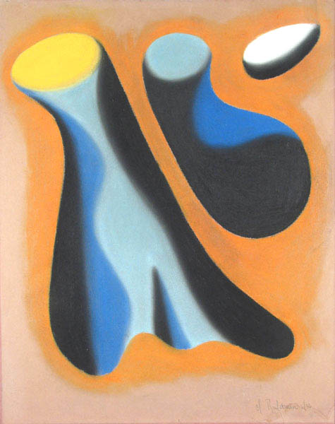 Abstract shapes (black, blue, yellow) on orange background