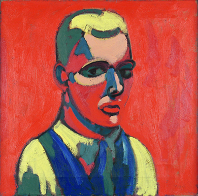 Portrait of artist on red background