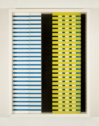 Painted wood and glass in blue and yellow horizontal lines