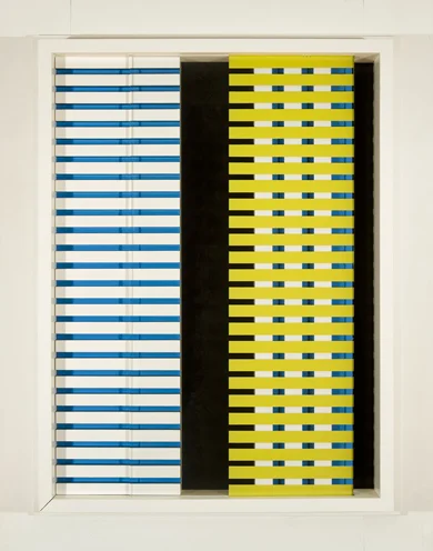Painted wood and glass in blue and yellow horizontal lines