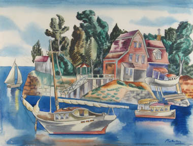 Watercolor of island with home and trees and water with boats