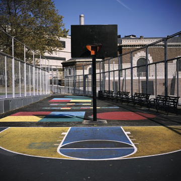 Photo of basketball court (very colorful)