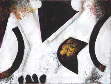Abstract painting with white, black, orange shapes