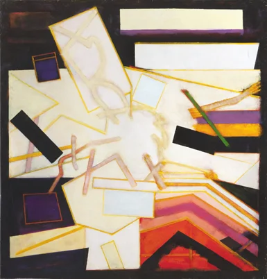Abstract painting with white, red, black, purple, green shapes
