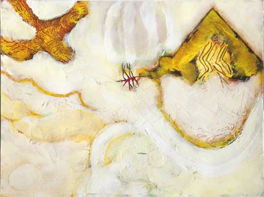 Abstract painting with white, black, orange, red, yellow shapes