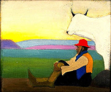 Man sitting against open landscape next to white animal