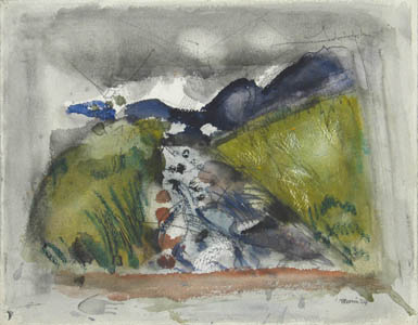 Watercolor of mountains and river