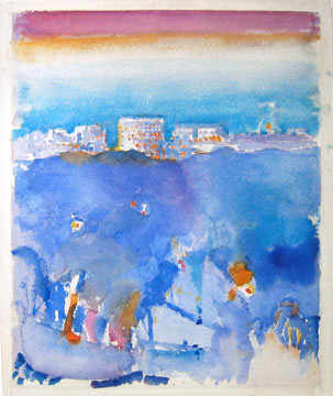 Watercolor of water and cityscape