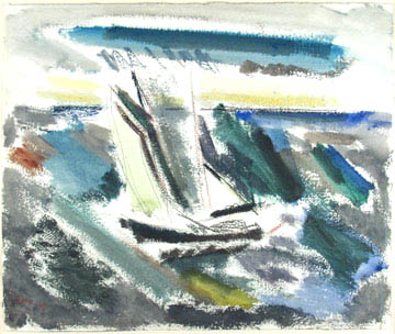 Abstract watercolor boat on water