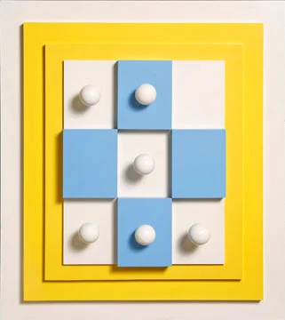 Painted wood (yellow, white, blue)