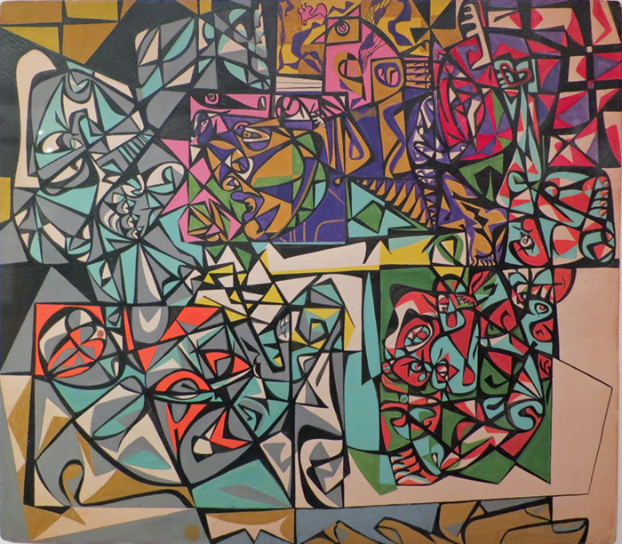 Abstract shapes (pink, yellow, black, blue, grey, purple, red, green)