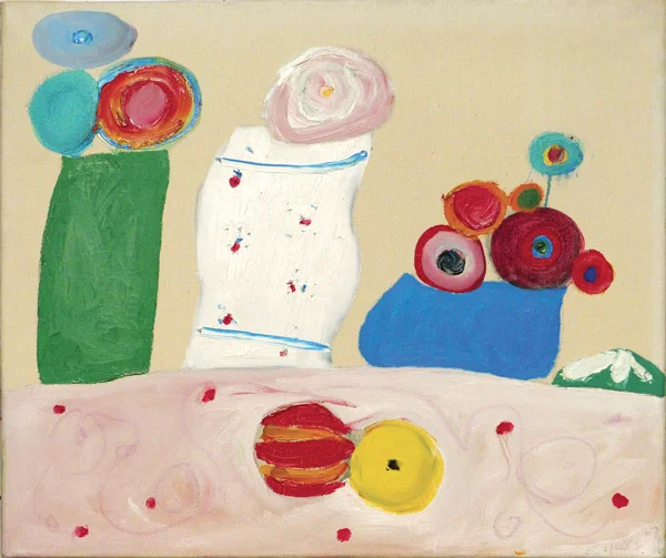 Three abstract vases (green, white, blue) with circular flowers