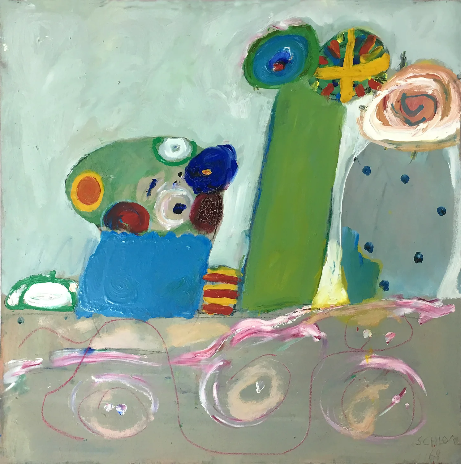 Three abstract vases (blue, green, grey with polkadots) with circular flowers