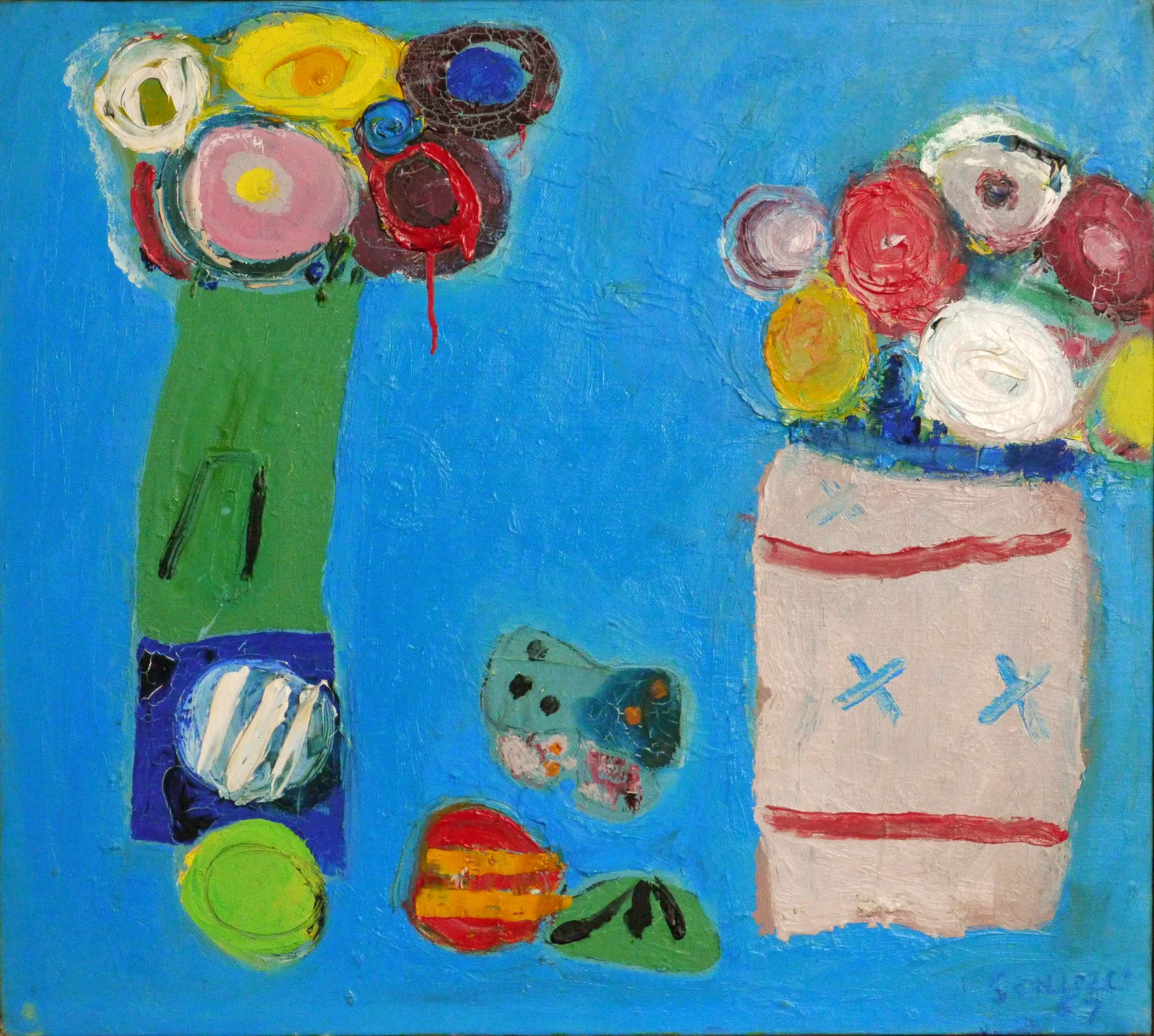 Blue background, two vases (green and pink) containing circular flowers