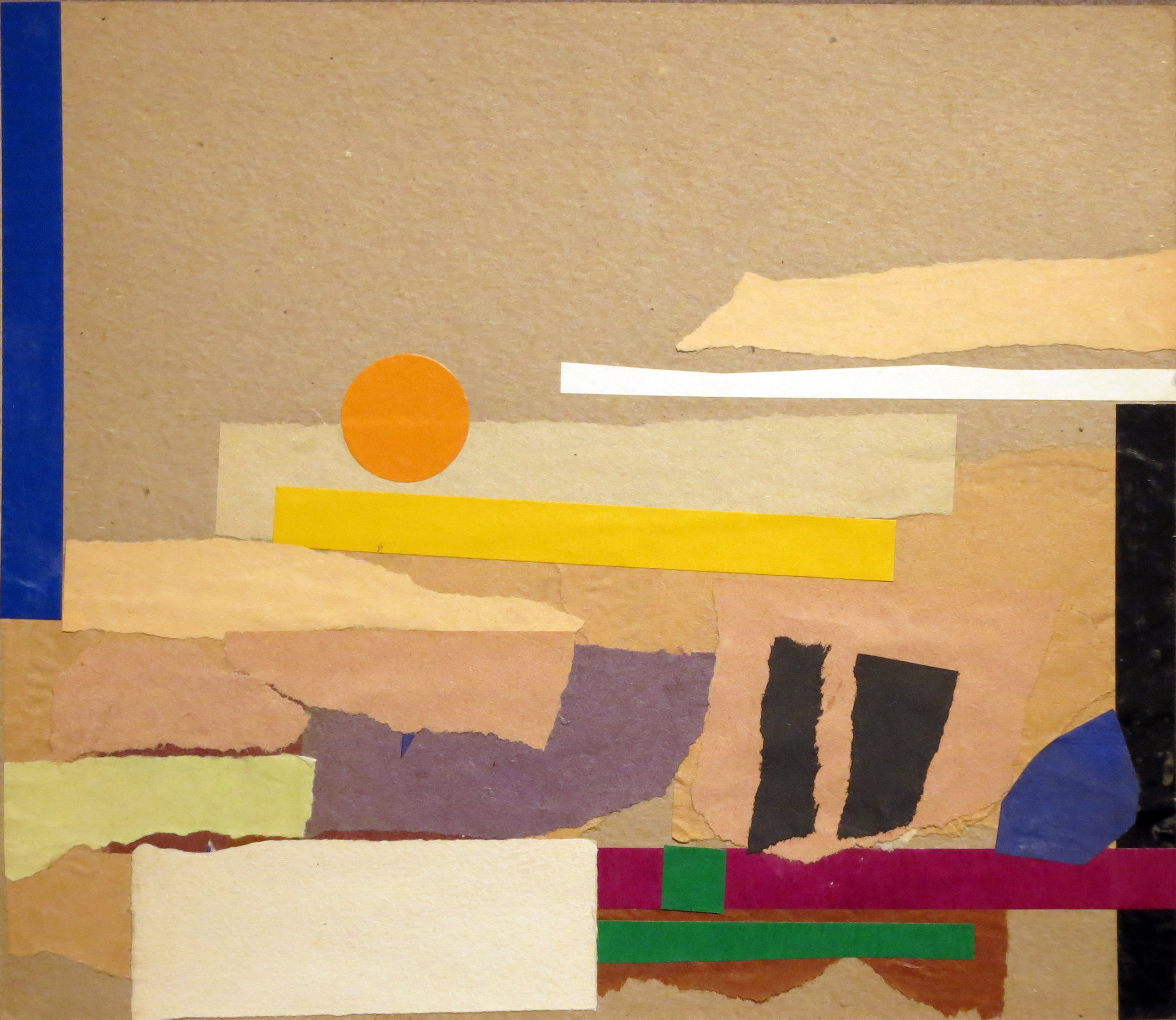 Abstract collage with strips of horizontal paper and orange sun