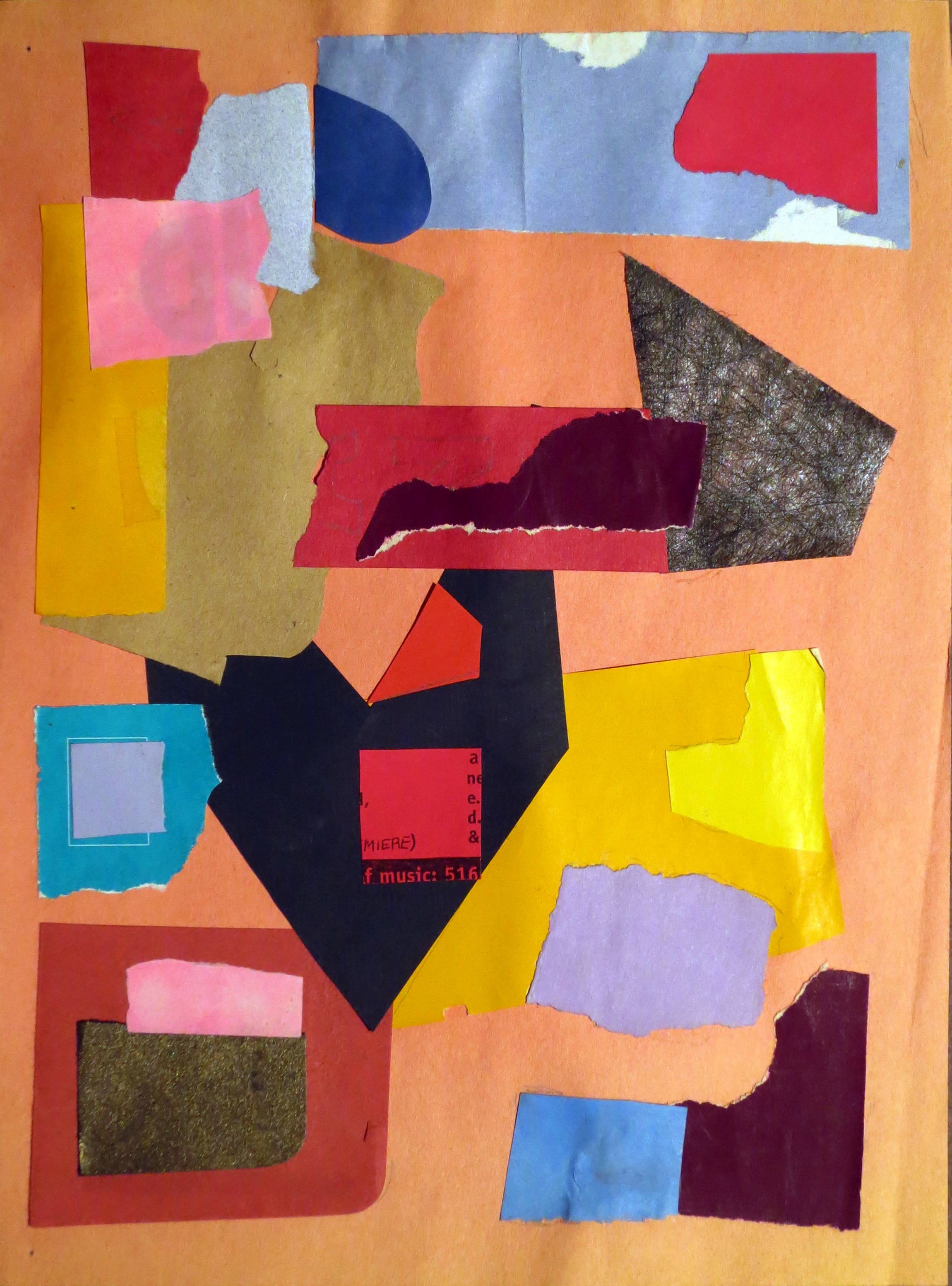 Abstract collage with blocks of paper and black arrow shape