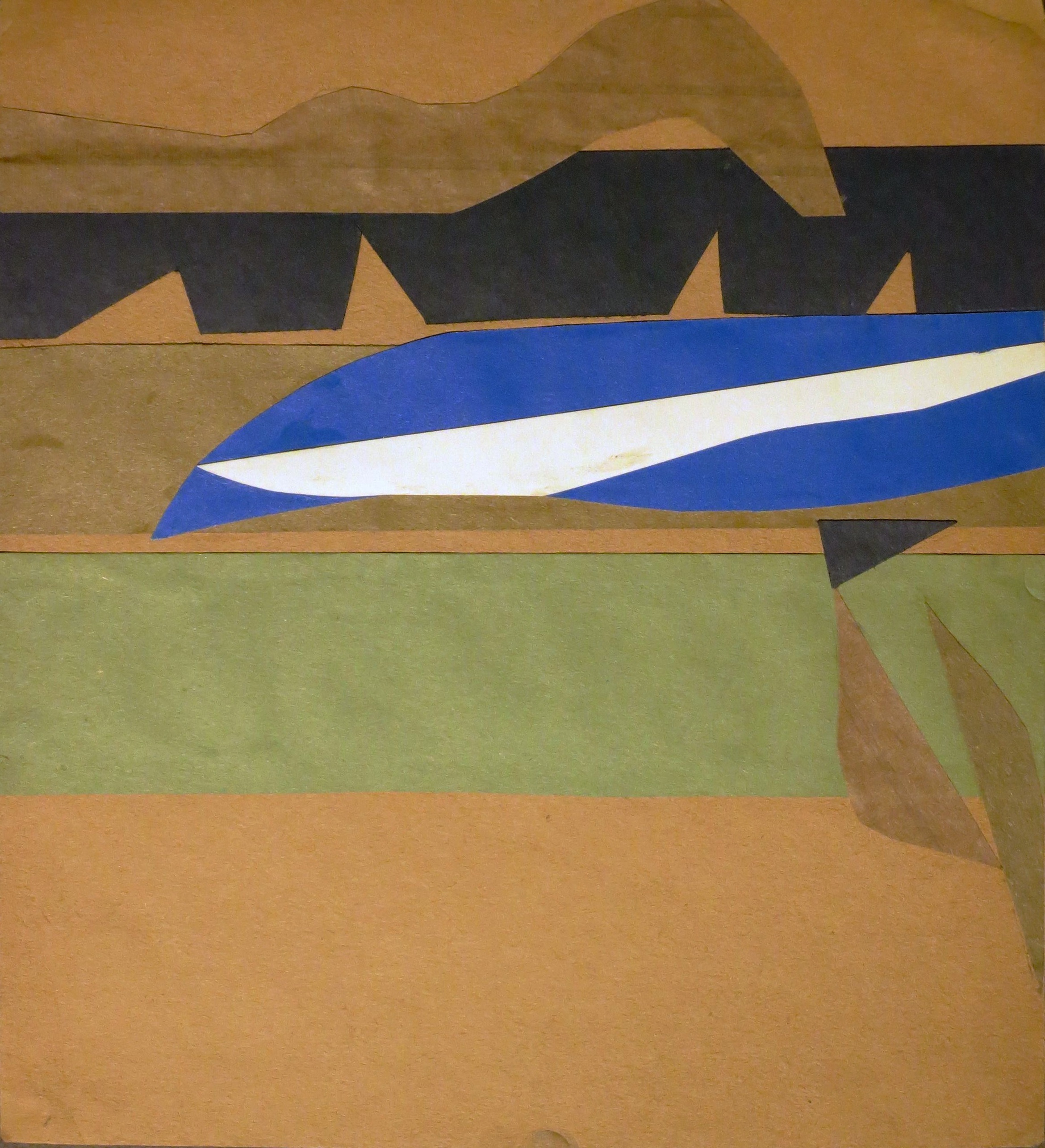 Abstract collage on brown paper with green, blue, white, and black