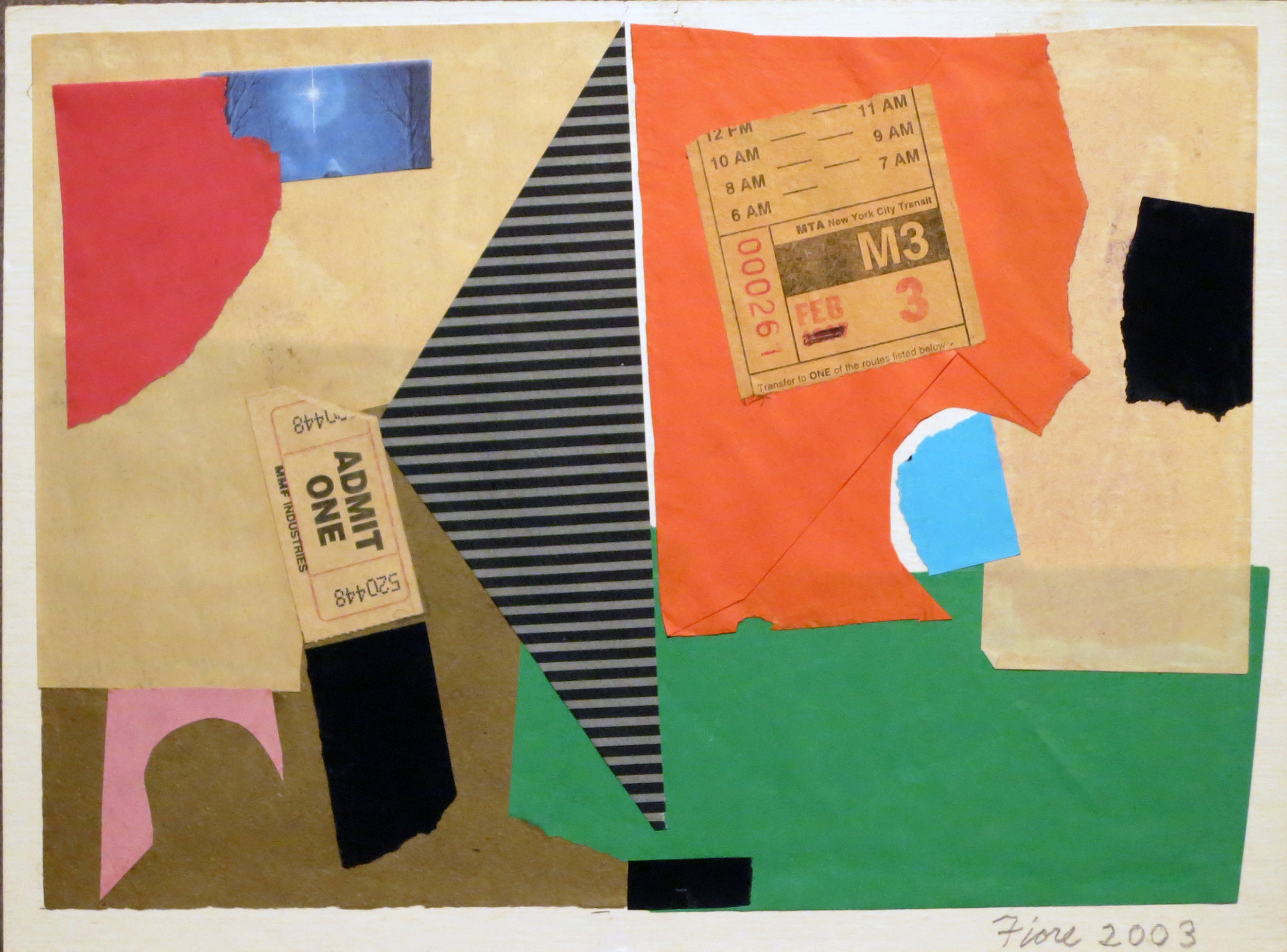 Abstract collage with envelopes, paper, and ticket stub