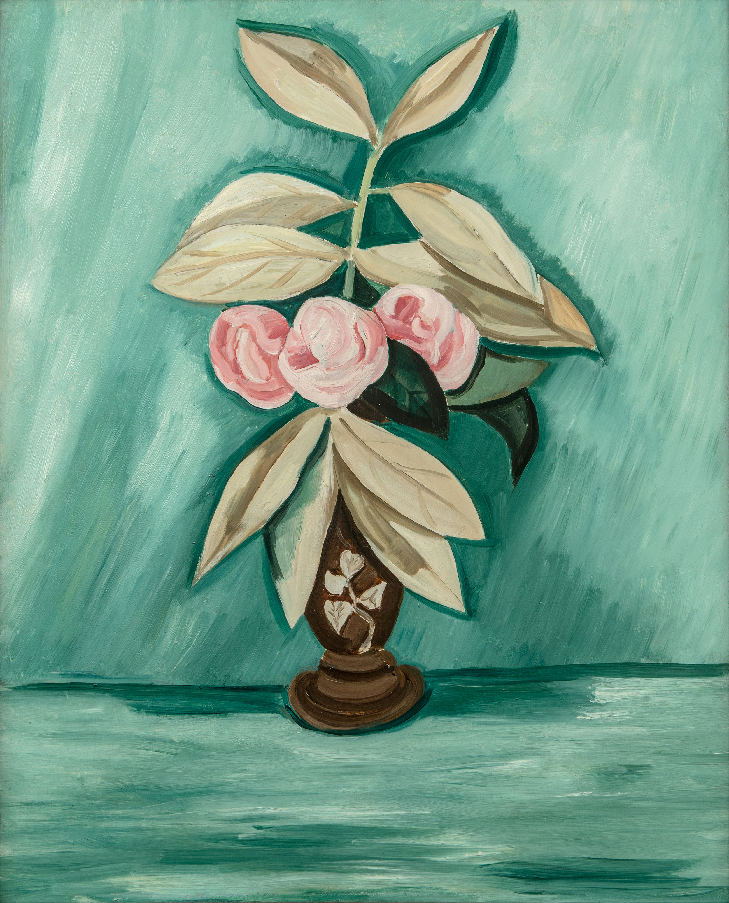 Pink flowers in brown vase with green background