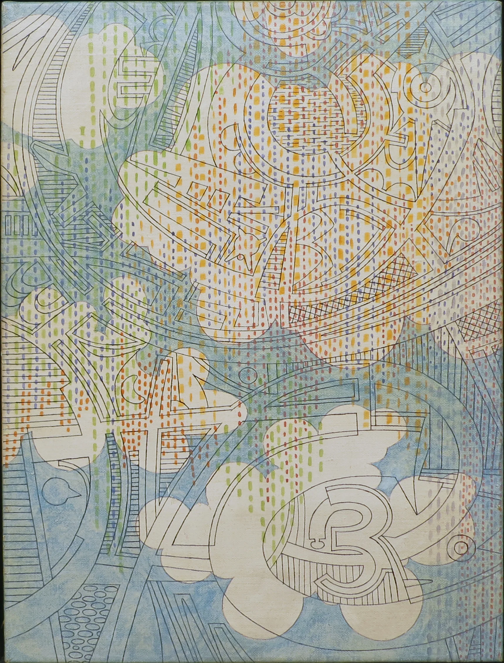 blue sky and white clouds painting with patterned drawing overlaying