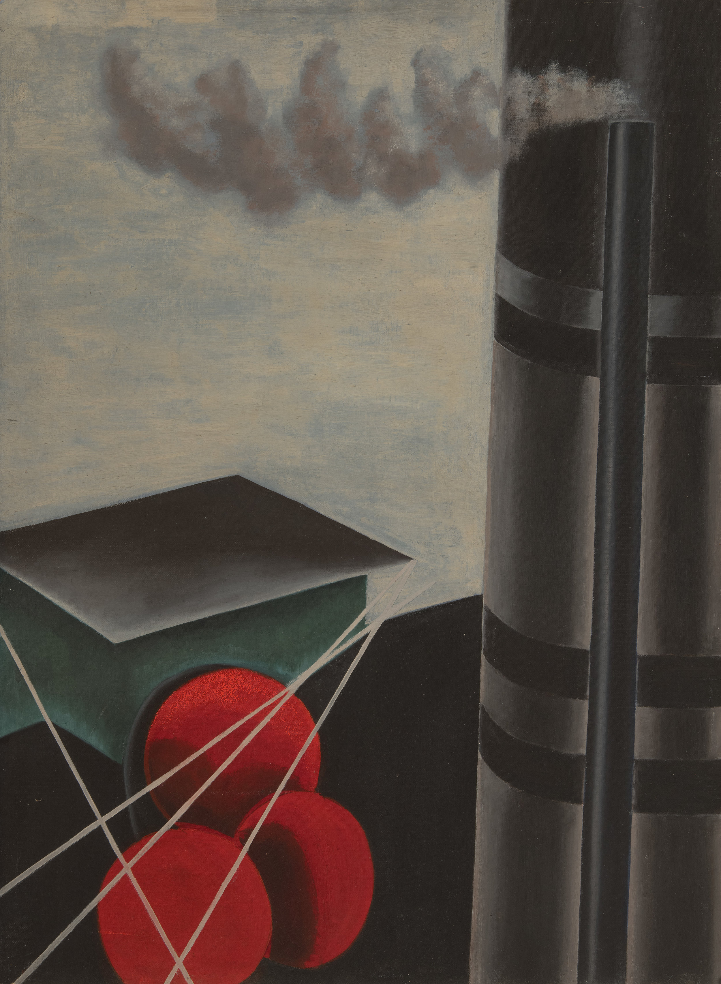 Painting of abstract industrial scene with a black and grey smokestack, three red circles, and a green and grey box