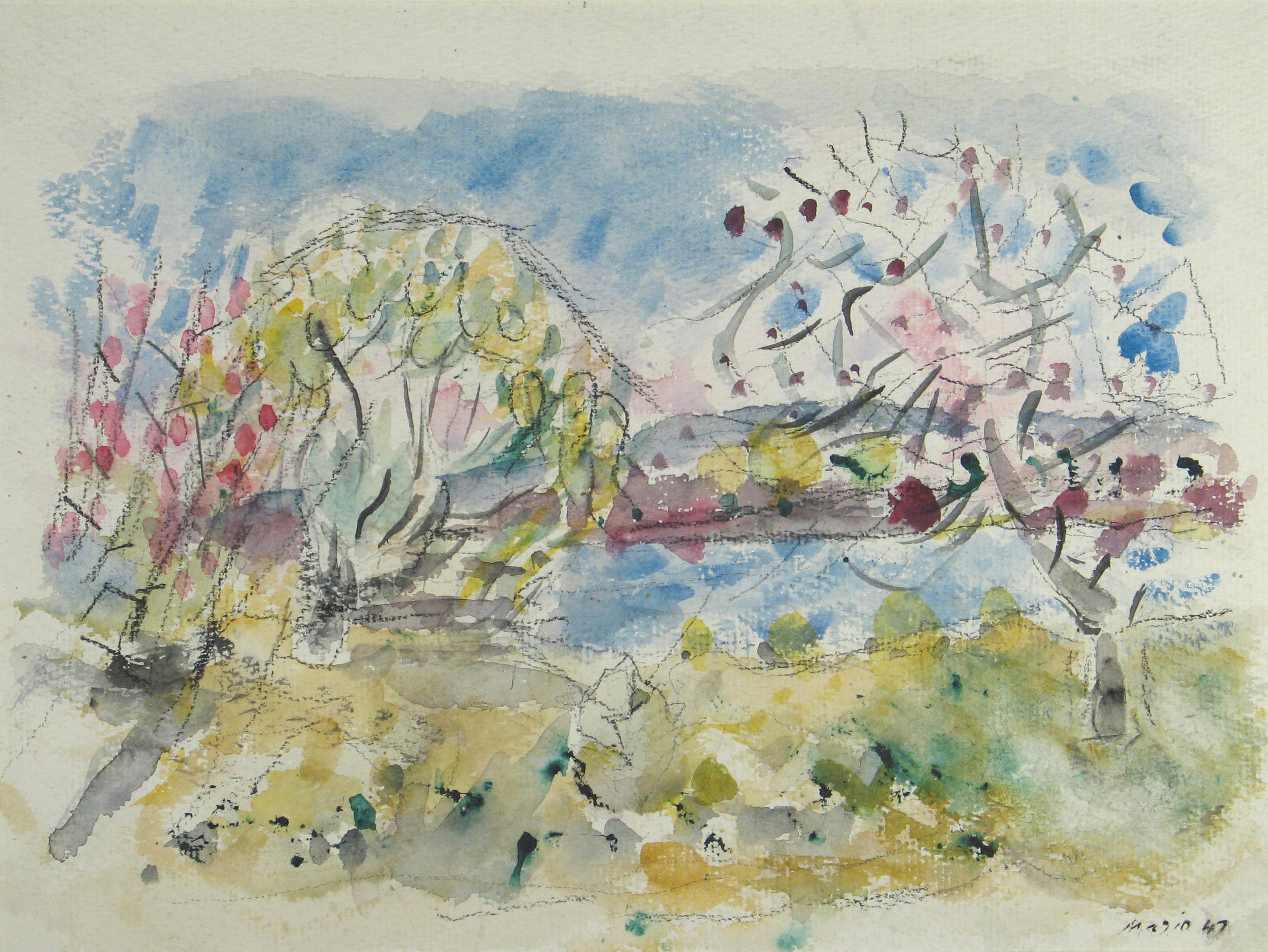 Watercolor of trees with pink blooms by the riverside