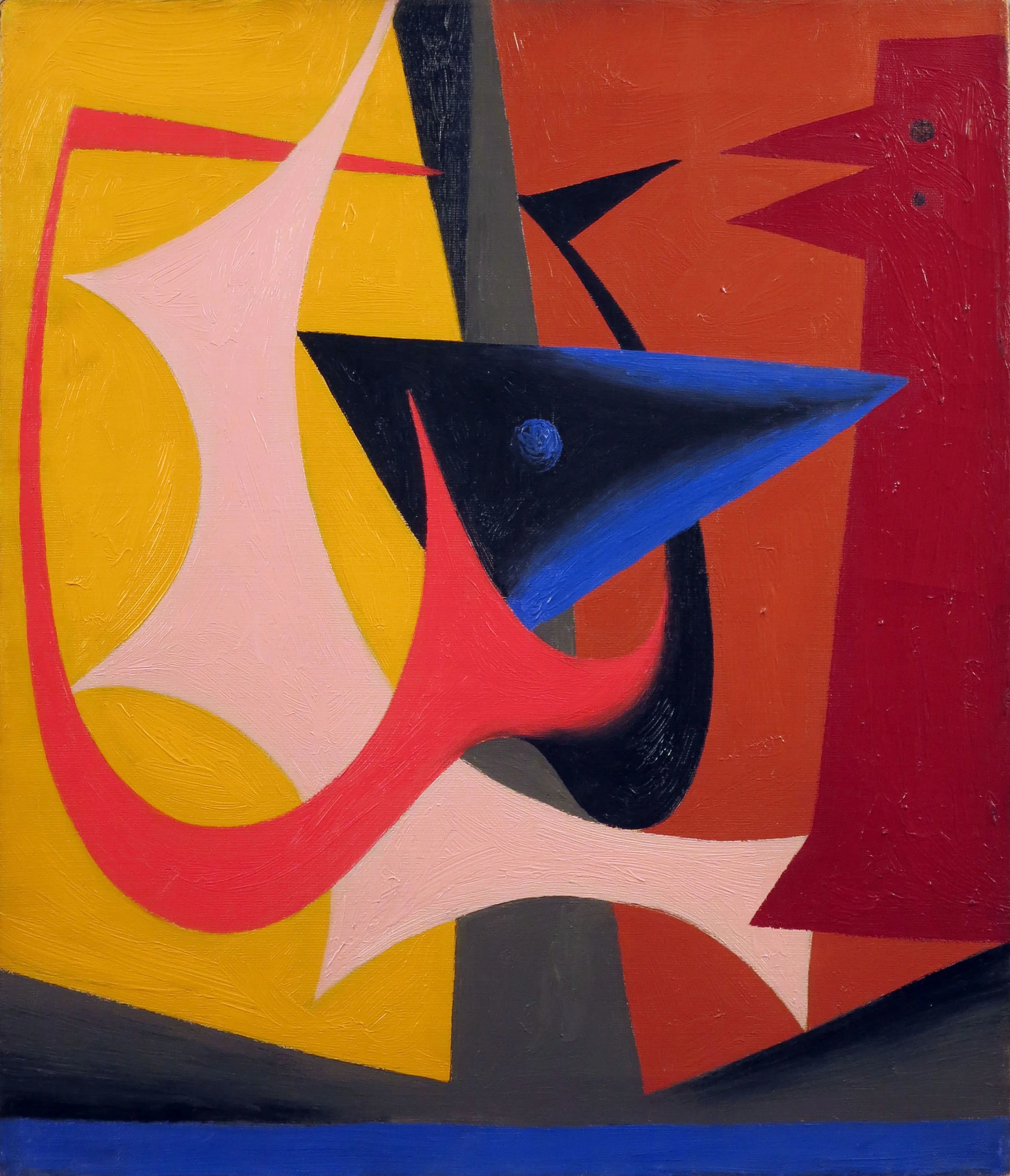 Copy of Abstract painting with pink, red, and blue shapes on a half yellow, half red background