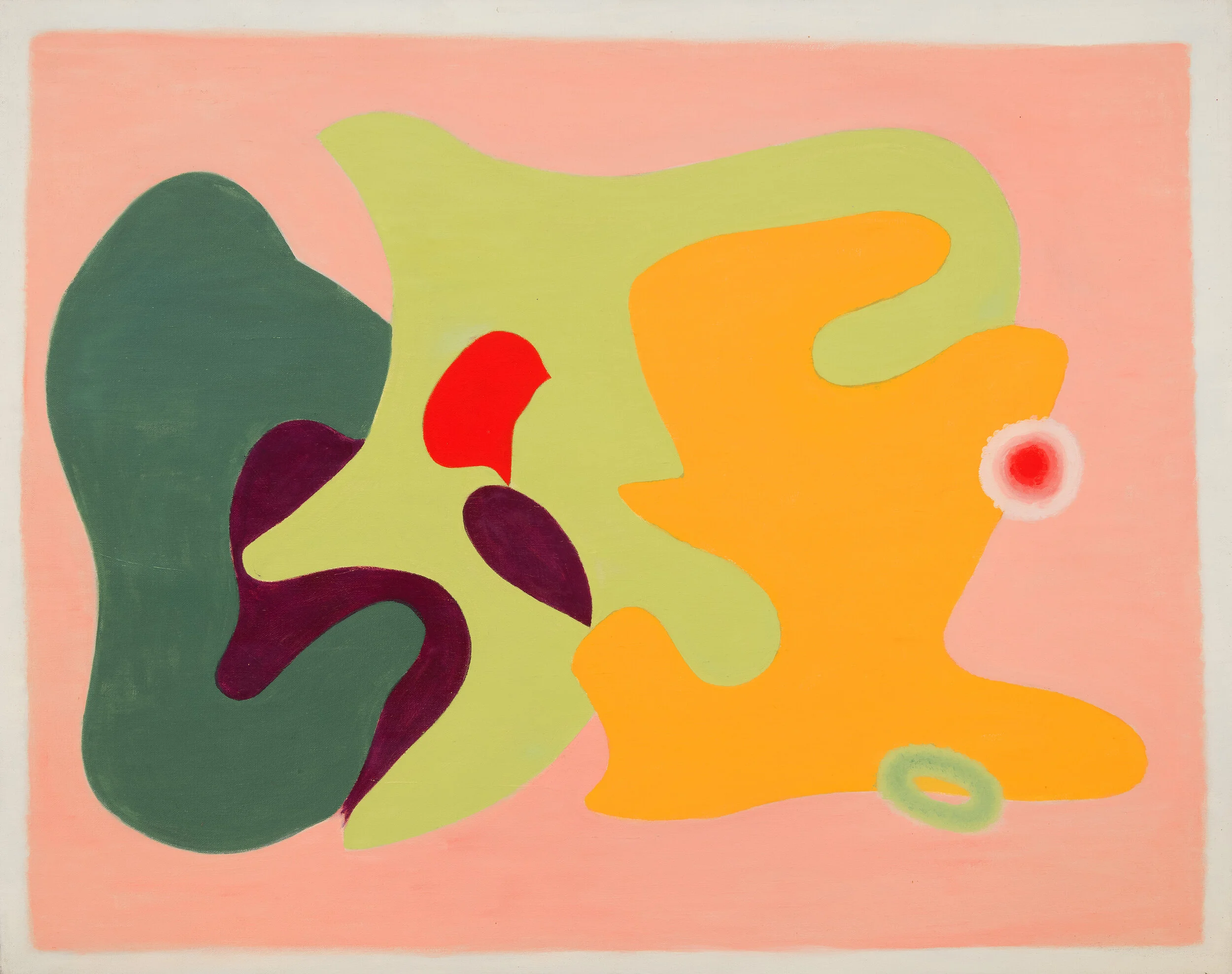 Abstract painting with purple, orange, green, red on pink background