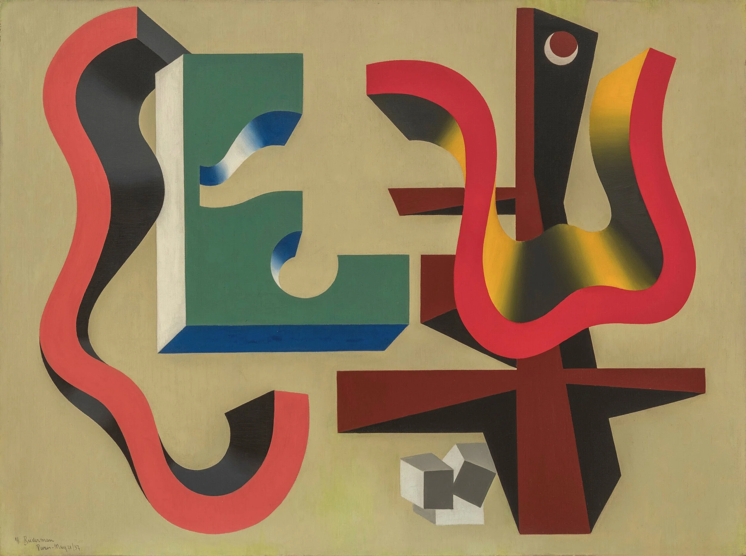 Abstract painting of floating shapes (red, green, black, and blue)