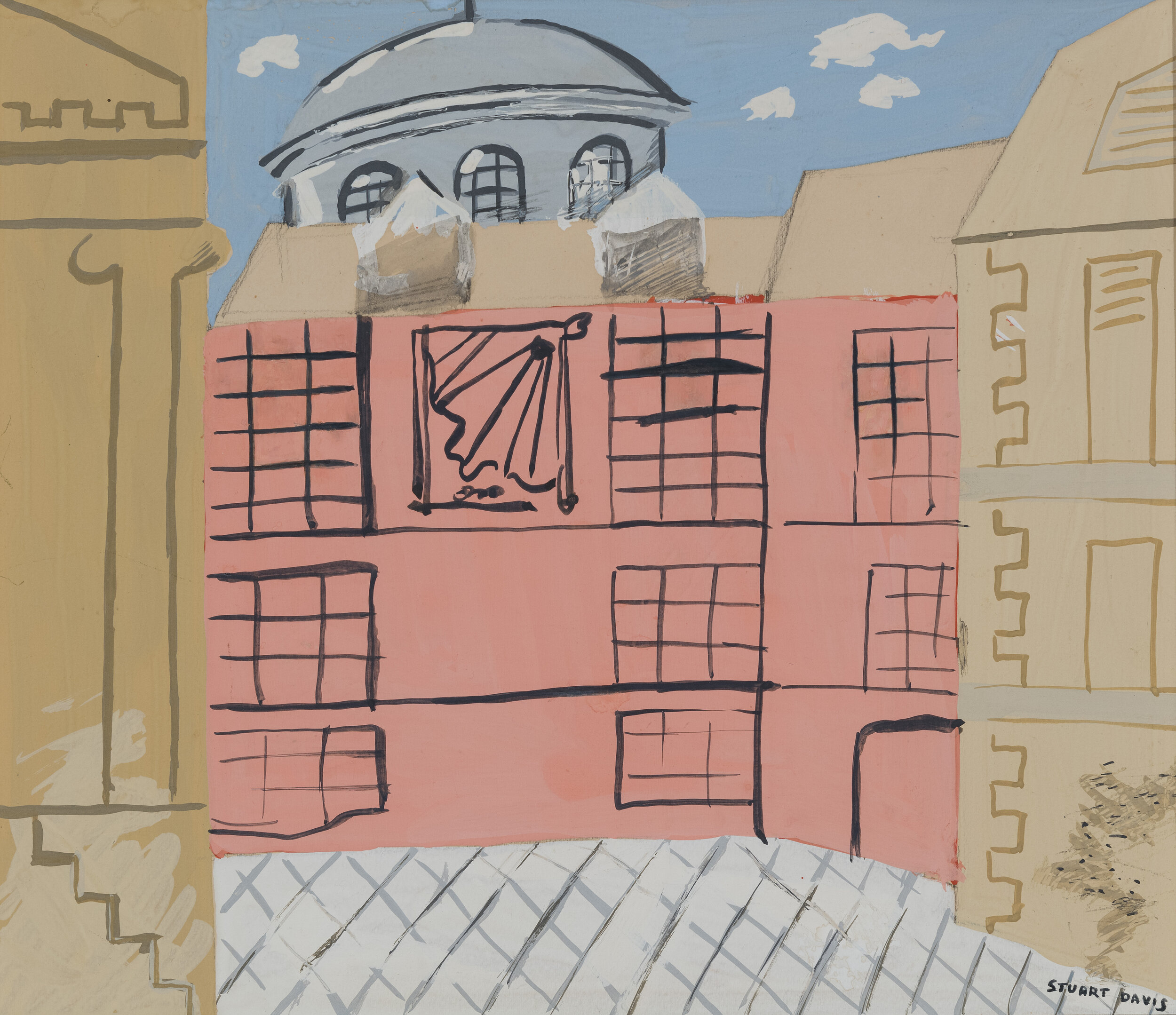 Painting of Institut de France building in pink with tans, grays, and blues